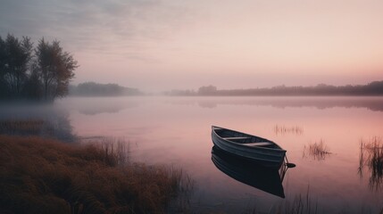  a boat is sitting on the water in a foggy lake at sunset or dawn with a few trees in the distance and a few clouds in the sky. generative ai