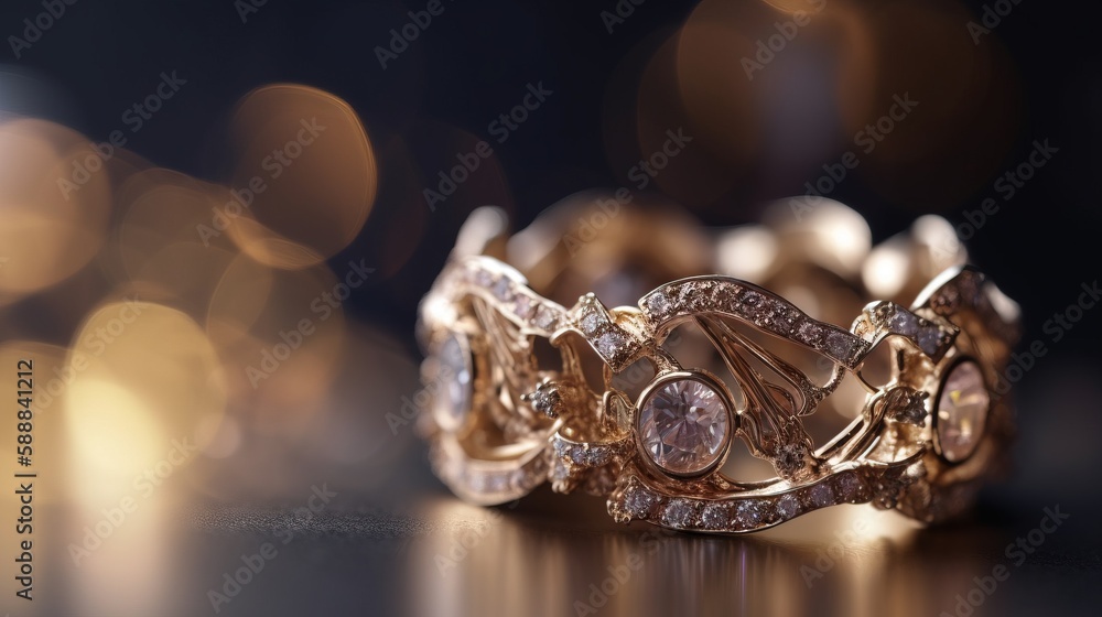 Poster a close up of a ring with diamonds on a black surface with a blurry background of lights in the back