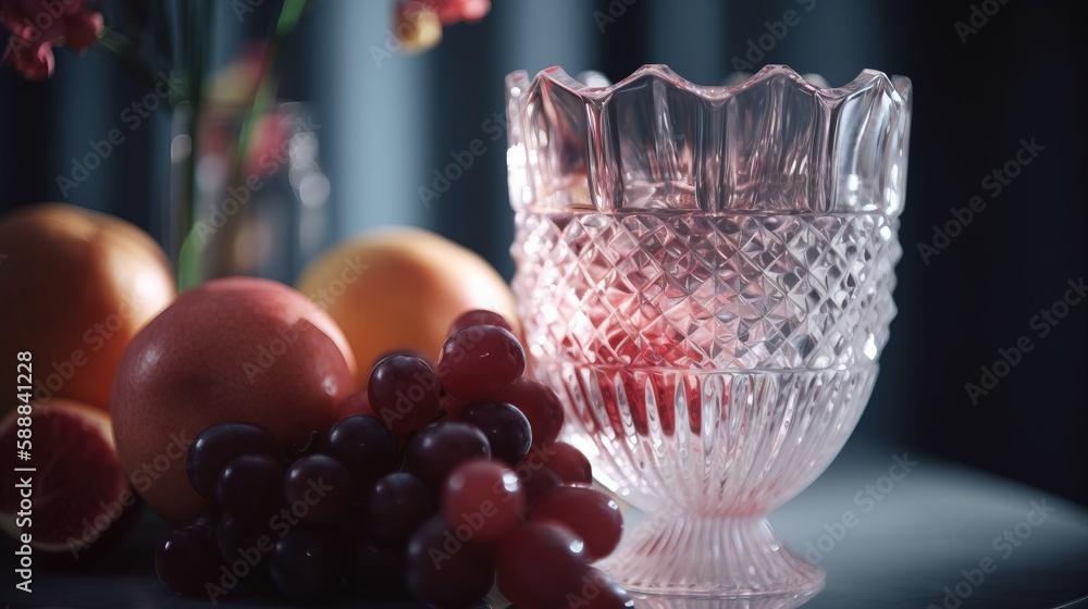 Poster a glass vase sitting next to a bunch of grapes and a grape next to a grapefruit and a grapefruit on 