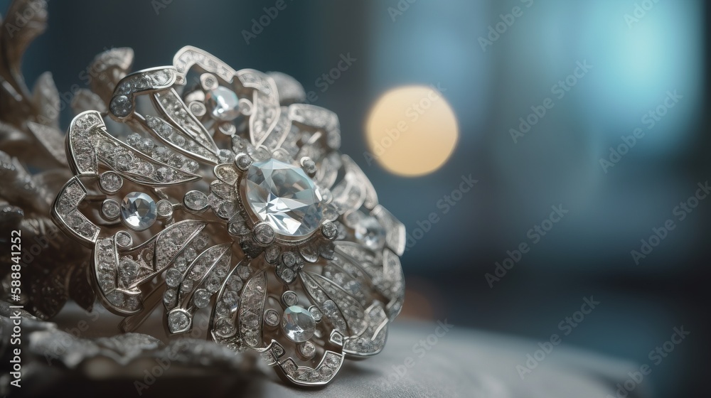 Aufkleber a close up of a ring with a diamond center piece on a pillow with a blurry background of lights in t