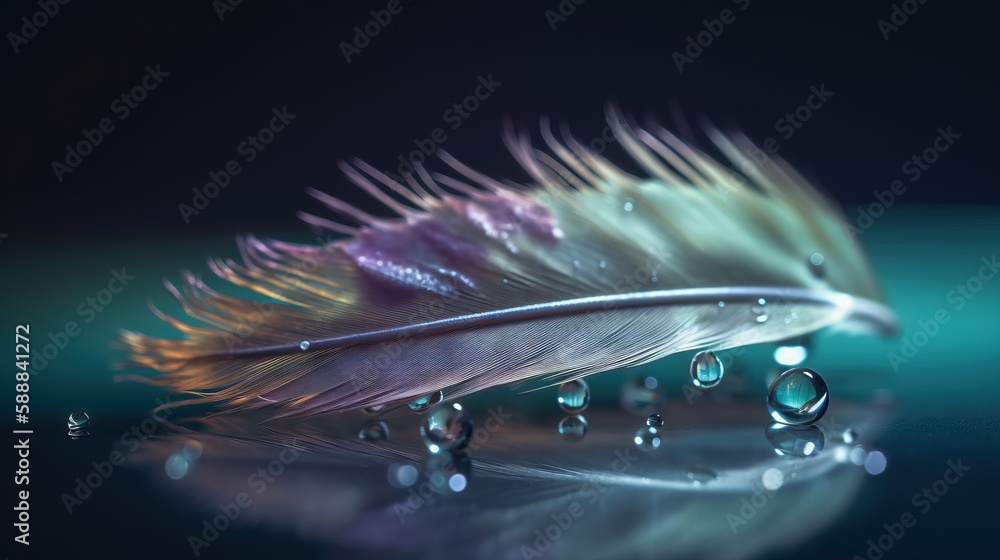Poster a feather with drops of water on a reflective surface with a black background and a blue background 