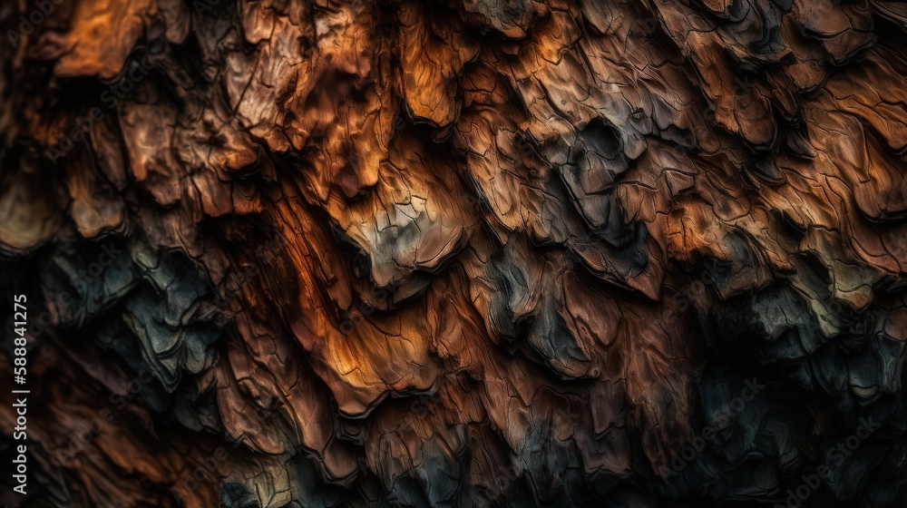 Poster a close up of a tree trunk with a yellow light coming from the top of the tree trunk in the distance