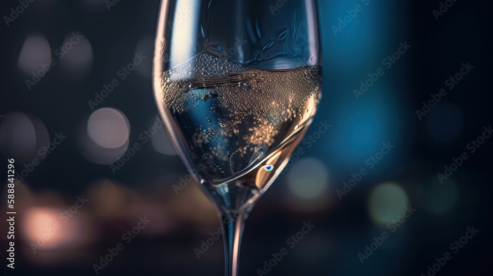 Poster a close up of a wine glass with a liquid inside of it on a dark background with boke of lights in th