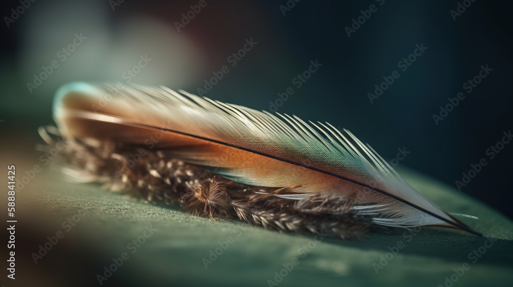 Poster a close up of a feather resting on a green surface with a blurry back ground in the foreground and a