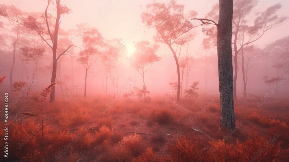 Poster a foggy forest with trees and grass in the foreground and the sun shining through the trees in the b
