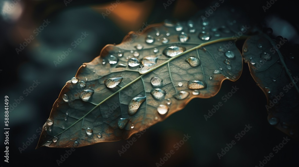 Poster a green leaf with water droplets on it's leaf tips and a black background with a few other leaves in