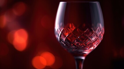Obraz na płótnie Canvas a glass of wine sitting on top of a table next to a blurry red background with lights in the backround of the glass. generative ai
