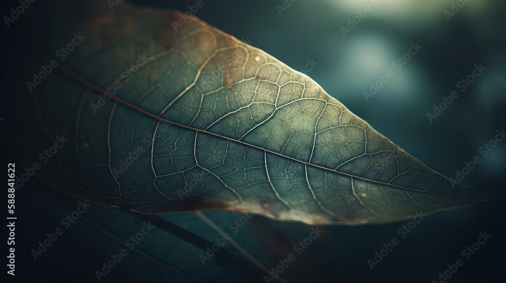 Poster a close up of a leaf with a blurry back ground in the background of the image is a blurry image of a