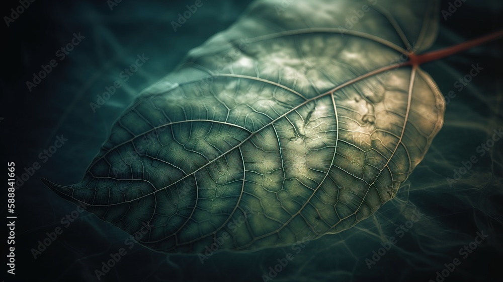 Poster a green leaf with a red stem on a black background with a blurry image of a leaf on the left side of