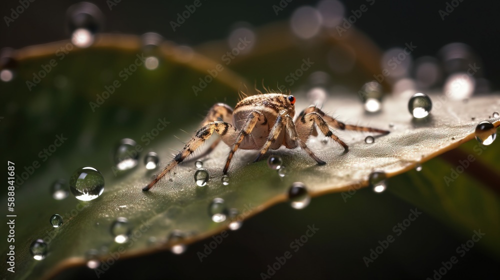 Poster a close up of a spider on a leaf with drops of water on it's back end and a green leaf in the backgr