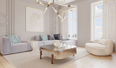 Sala de estar de un departamento de lujo, con sofa grande en colores claros, render 3d
