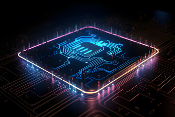 Generative AI. Futuristic Neon Microchip Circuit Board 3D Rendering