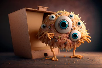 Fotobehang Pizza monster. Generative AI. Funny pizza creature with many eyes crawls out of box. Comic image of glutton who loves fast food. Problem of overweight in children. © Yuliia