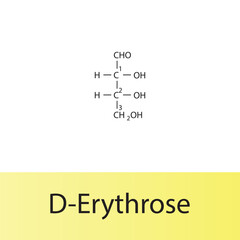 Straight chain form chemical structure of D-Erythrose sugar. Scientific vector illustration on white and yellow background, carbon numbering.