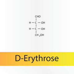 Straight chain form chemical structure of D-Erythrose sugar. Scientific vector illustration on white and orange background.