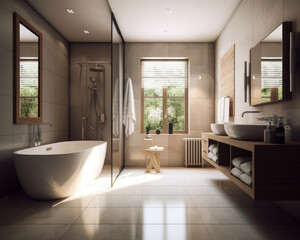 Fototapeta na wymiar Modern designer interior of a bathroom. Glass partition separating the bathtub. Generative AI.