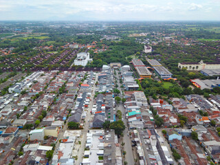 Obraz premium Aerial landscape of typical Indonesian homestay neighborhood in Talaga Bestari Tangerang for the lowwer middle class, single family homes real estate