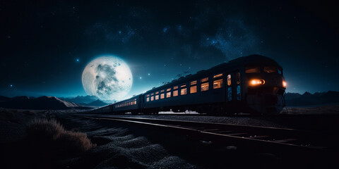 Fototapeta na wymiar An empty night train going by the railroad in desert land. Huge moon in the sky at backdrop. Generative AI.