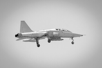 Northop F-5 supersonic airplane with landing gear deployed for landing