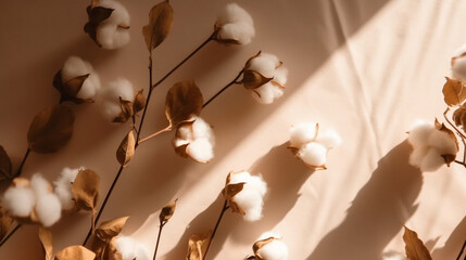 Pattern from white cotton flowers with sun shadows on. Generative AI