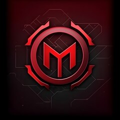 Red and black futuristic logo based arount the letter "M", cyber machine style, circle with multiple elements, detailed lines in background