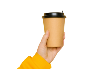 Female hand with a paper cup of coffee on a yellow background with a place for a text