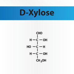 Straight chain form chemical structure of D-Xylose sugar. Scientific vector illustration on white and blue background.