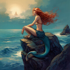 siren's seductive serenade, perched on rocky coast, vast ocean background, generative AI
