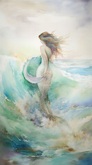 mesmerizing siren on rock, captivating sailors with melodic voice, ocean scene, generative AI
