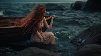 enchanting siren luring sailors, sitting on rock, serene sea background - obrazy, fototapety, plakaty