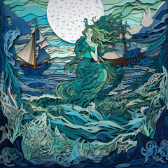 mythical siren singing on rocky shore, alluring sailors, blue ocean backdrop, generative AI
 - obrazy, fototapety, plakaty