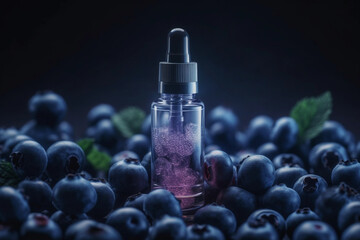 Bottle with Liquid Illustration. Vaping. Vape Liquid with Taste. Forest Fruits. Raspbbery, Blueberry. Creative Colorful Background. Created by Generative AI