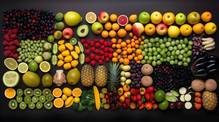Knolling layout of several colorful fruits lying on ground, birds eye perspective, dark grey background, Generative AI