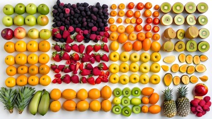 Knolling layout of several colorful fruits lying on ground, birds eye perspective, bright white background, Generative AI