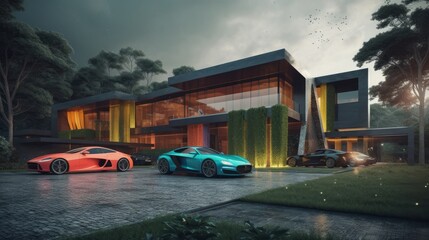 Supercar Meets Luxury: A Colorful Display Outside a Majestic House in the Heart of the City, Generative AI