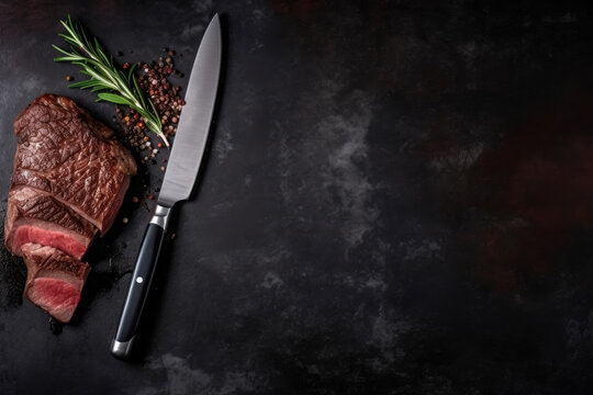 A top view on a delicious steak and a sharp knife with copy space created with generative AI technology.