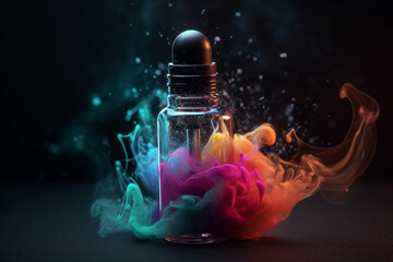 Fototapeta na wymiar Bottle with Liquid Illustration. Vaping. Vape Liquid with Taste. Multicolor Liquid and Smoke. Creative Colorful Background. Created by Generative AI