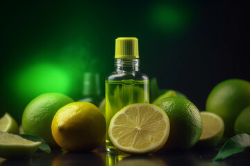 Bottle with Liquid Illustration. Vaping. Vape Liquid with Taste. Citrus Fruits. Oranges, Lime, Lemon. Creative Colorful Background. Created by Generative AI