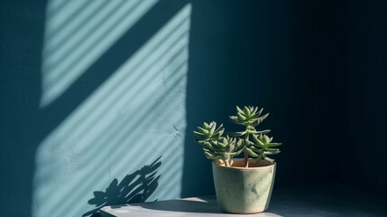Green succulent in a concrete plant pot with decorative stones. Generative AI.