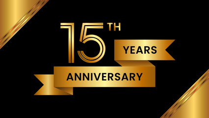 15th Anniversary. Anniversary template design with number and golden ribbon. Logo Vector Template