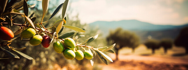 Delicious olives in a picturesque olive grove branch with olive fruits on the tree. Generative AI,