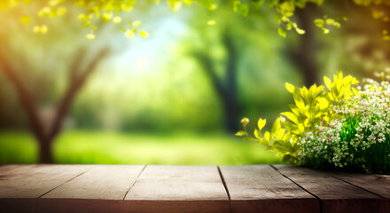 Naklejka na ściany i meble Beautiful spring background, wooden table in a green garden. Generative Ai,