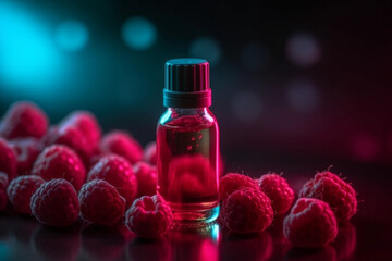 Bottle with Liquid Illustration. Vaping. Vape Liquid with Taste. Raspberry Fruits. Creative Colorful Background. Created by Generative AI