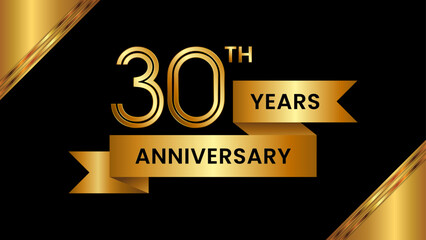 30th Anniversary. Anniversary template design with number and golden ribbon. Logo Vector Template