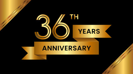 36th Anniversary. Anniversary template design with number and golden ribbon. Logo Vector Template