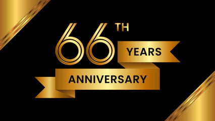 66th Anniversary. Anniversary template design with number and golden ribbon. Logo Vector Template