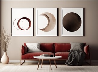 3 framed posters in a living room 3d, in the style of minimalist stage designs, soft and rounded forms, dark white and brown. Generative AI.