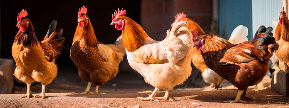 Red chickens on the farm. Generative AI,