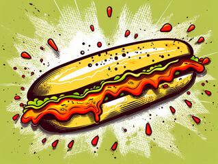 A big juicy hot dog in the style of pop art.
