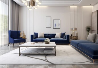 3d model contemporary living room image, in the style of light white and indigo. Generative AI.